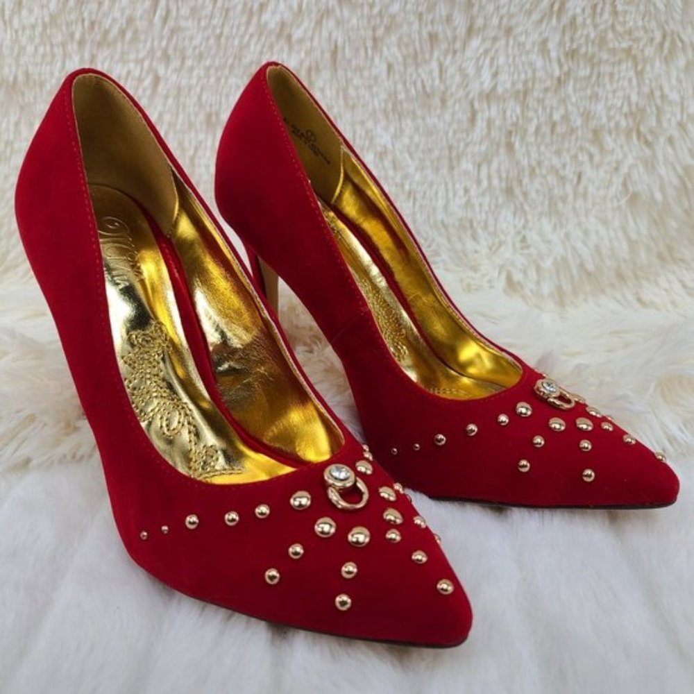 * Mona Mia 4.5" Faux Suede Pumps With Studded Decor